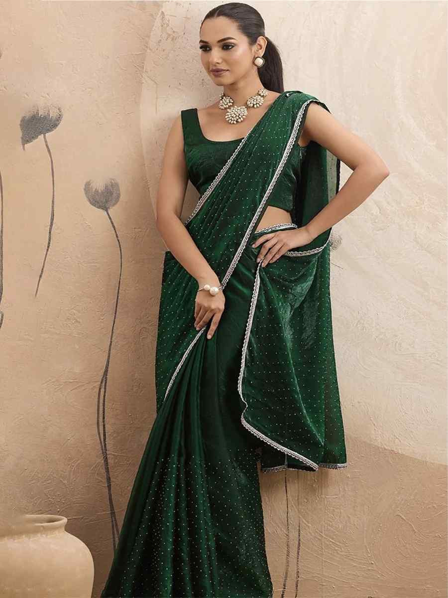 Green Chiffon Plain Diamond Work Casual Reception Festival Wedding Fancy Classic Style Sarees