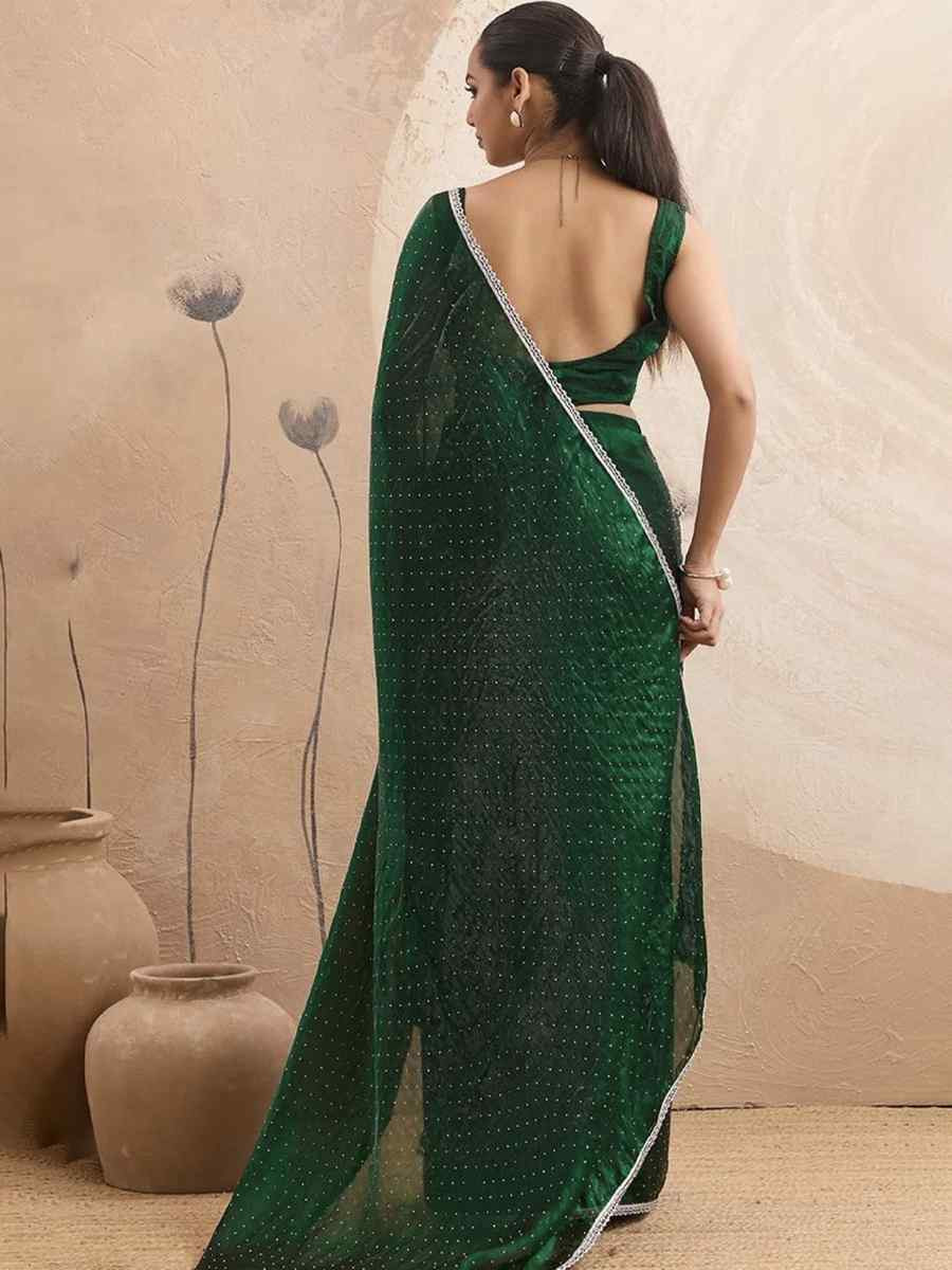 Green Chiffon Plain Diamond Work Casual Reception Festival Wedding Fancy Classic Style Sarees