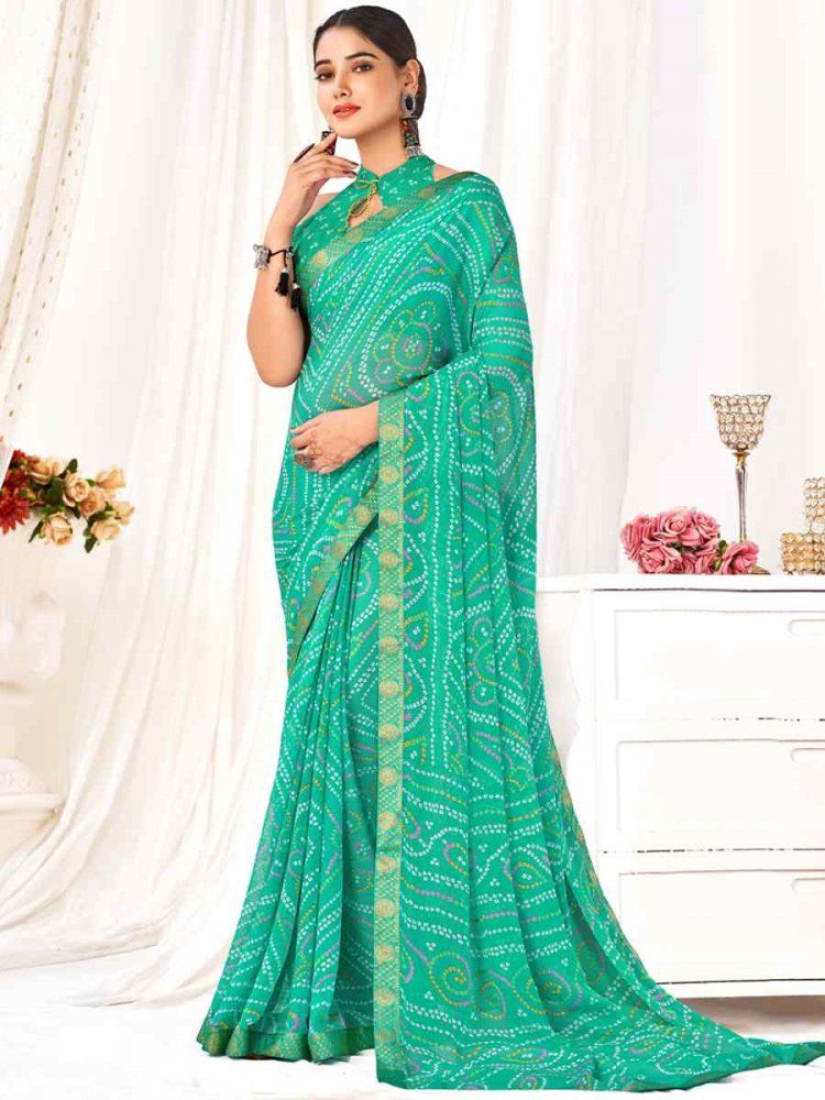 Green Chiffon Printed Casual Festival Contemporary Saree