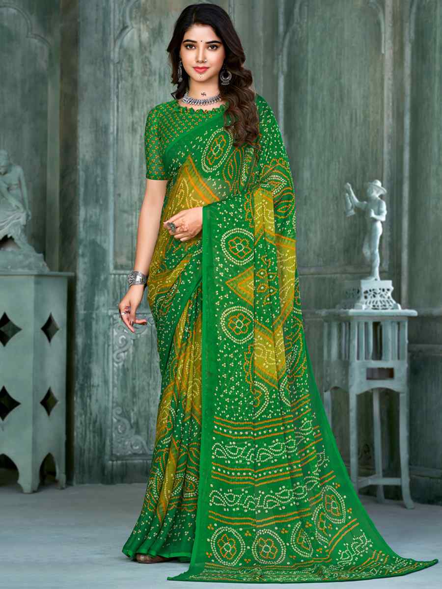 Green Chiffon Printed Casual Festival Contemporary Saree