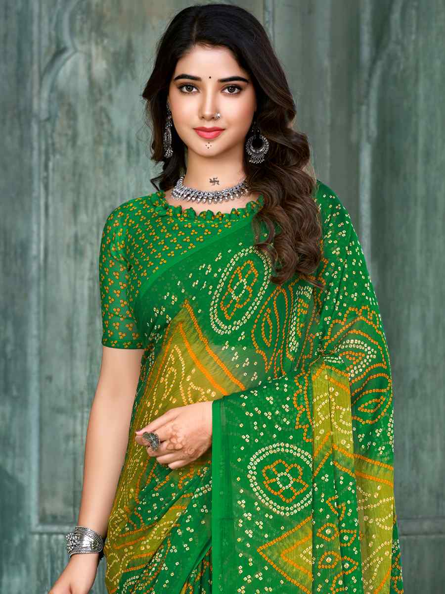 Green Chiffon Printed Casual Festival Contemporary Saree