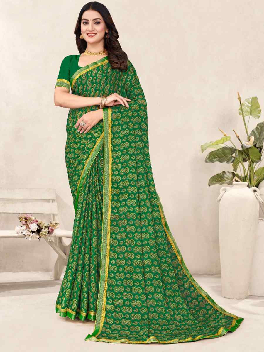 Green Chiffon Printed Festival Wedding Fancy Classic Style Sarees