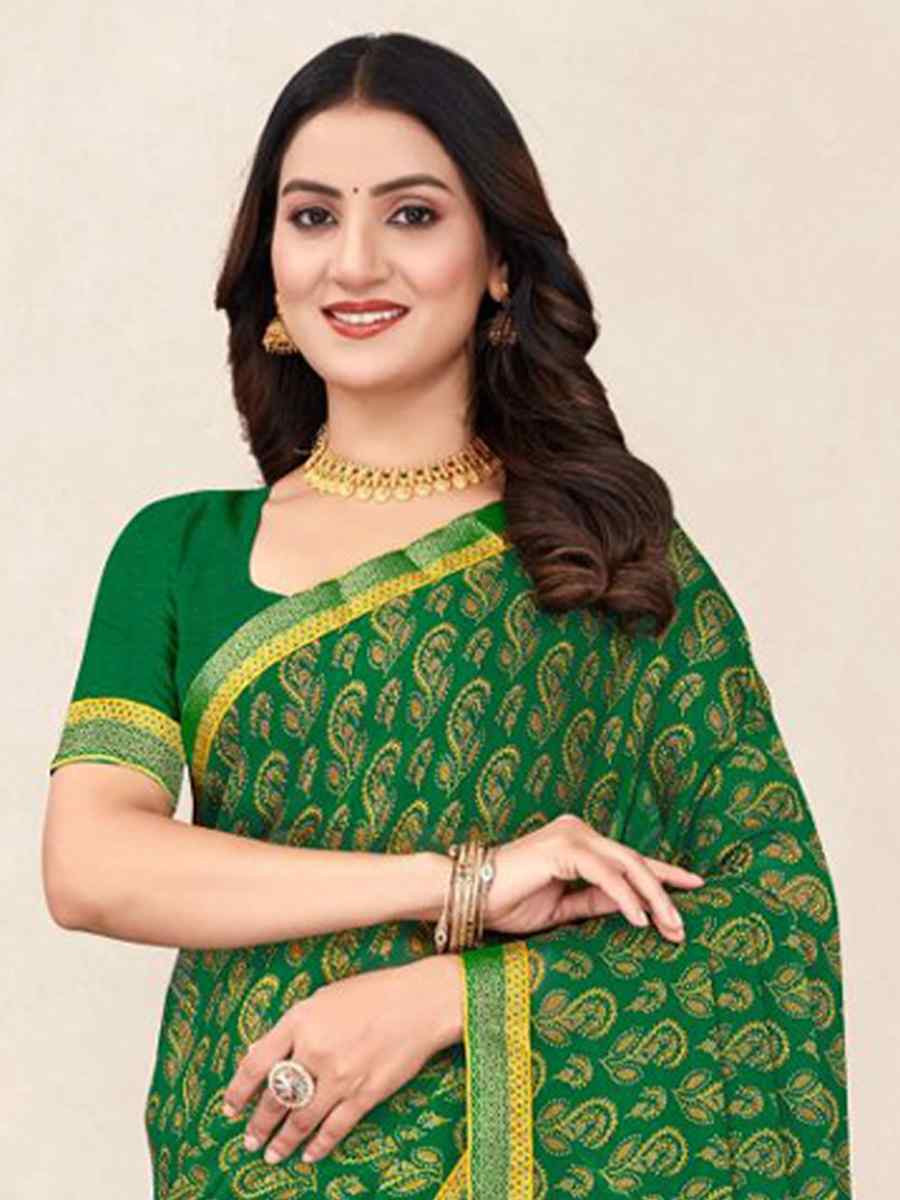 Green Chiffon Printed Festival Wedding Fancy Classic Style Sarees
