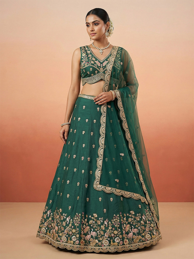 Image of Green Chinnon Silk Embroidery Zari Sequins Wedding Reception Party Wear Festival Heavy Border Lehenga Choli