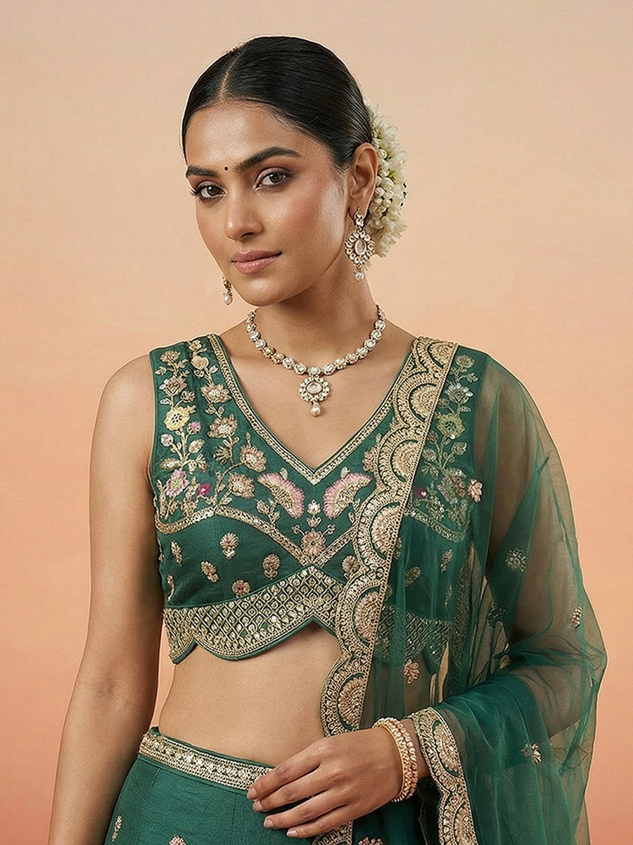 Green Chinnon Silk Embroidery Zari Sequins Wedding Reception Party Wear Festival Heavy Border Lehenga Choli