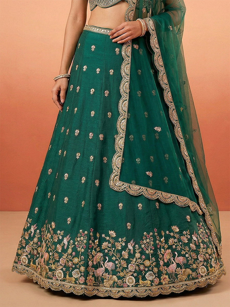 Green Chinnon Silk Embroidery Zari Sequins Wedding Reception Party Wear Festival Heavy Border Lehenga Choli