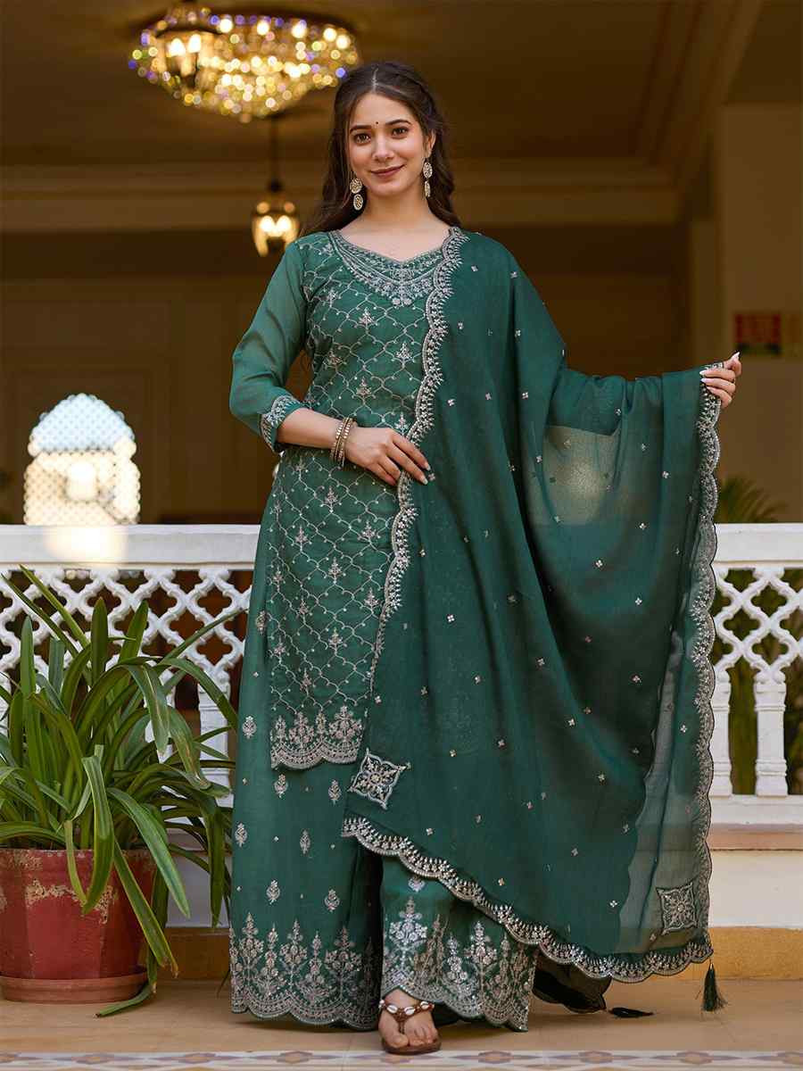 Green Chinon Embroidered Festival Casual Ready Pant Salwar Kameez