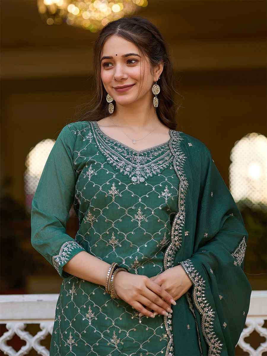 Green Chinon Embroidered Festival Casual Ready Pant Salwar Kameez