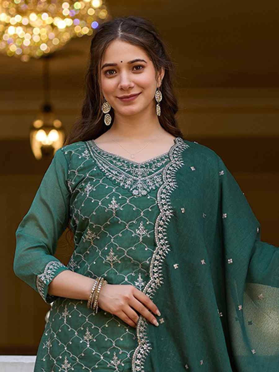Green Chinon Embroidered Festival Casual Ready Pant Salwar Kameez