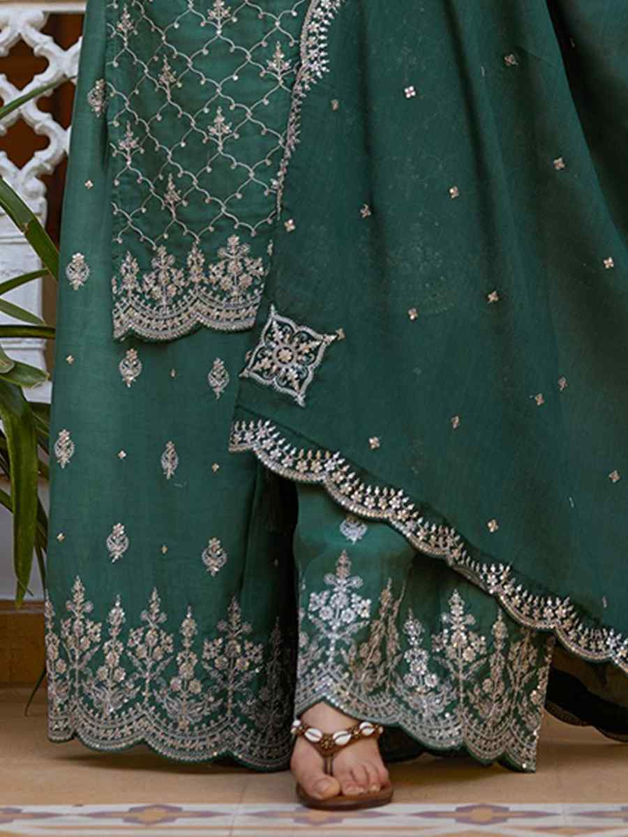 Green Chinon Embroidered Festival Casual Ready Pant Salwar Kameez