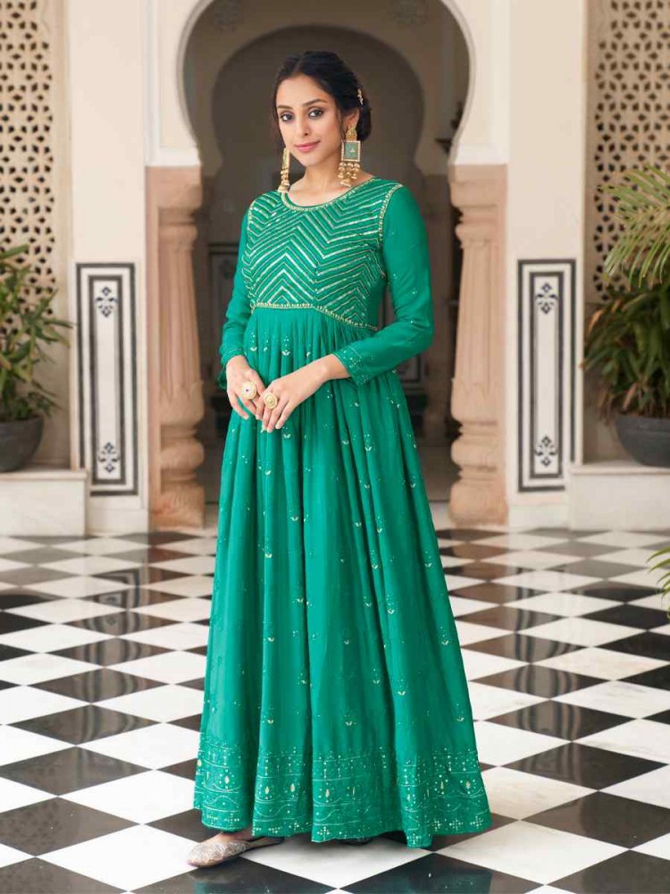 Green Chinon Embroidered Festival Wedding Anarkali Salwar Kameez