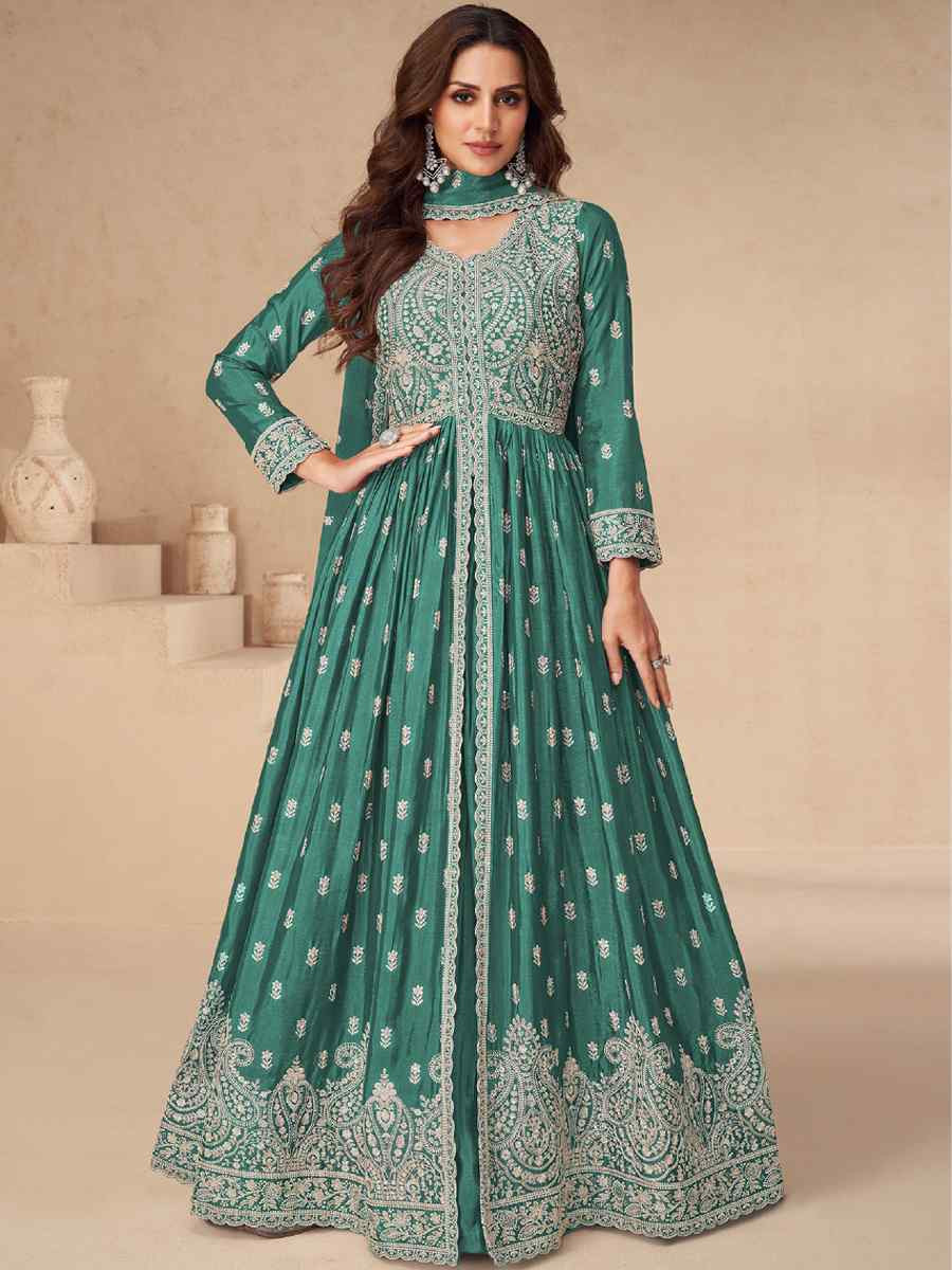 Green Chinon Embroidered Festival Wedding Anarkali Salwar Kameez