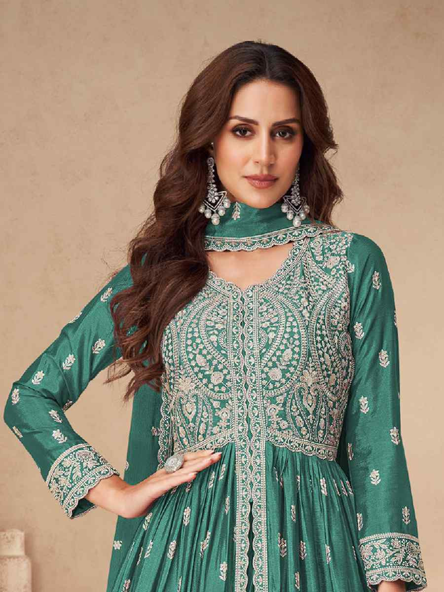 Green Chinon Embroidered Festival Wedding Anarkali Salwar Kameez