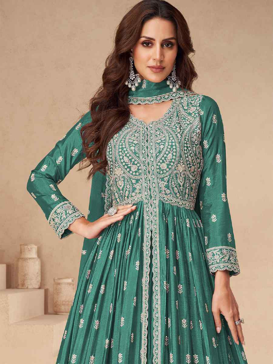 Green Chinon Embroidered Festival Wedding Anarkali Salwar Kameez