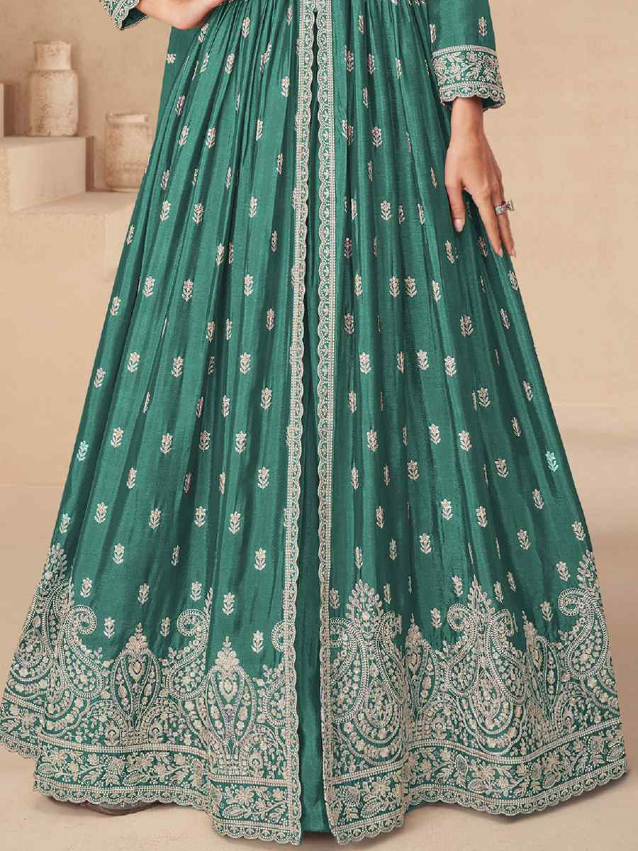 Green Chinon Embroidered Festival Wedding Anarkali Salwar Kameez