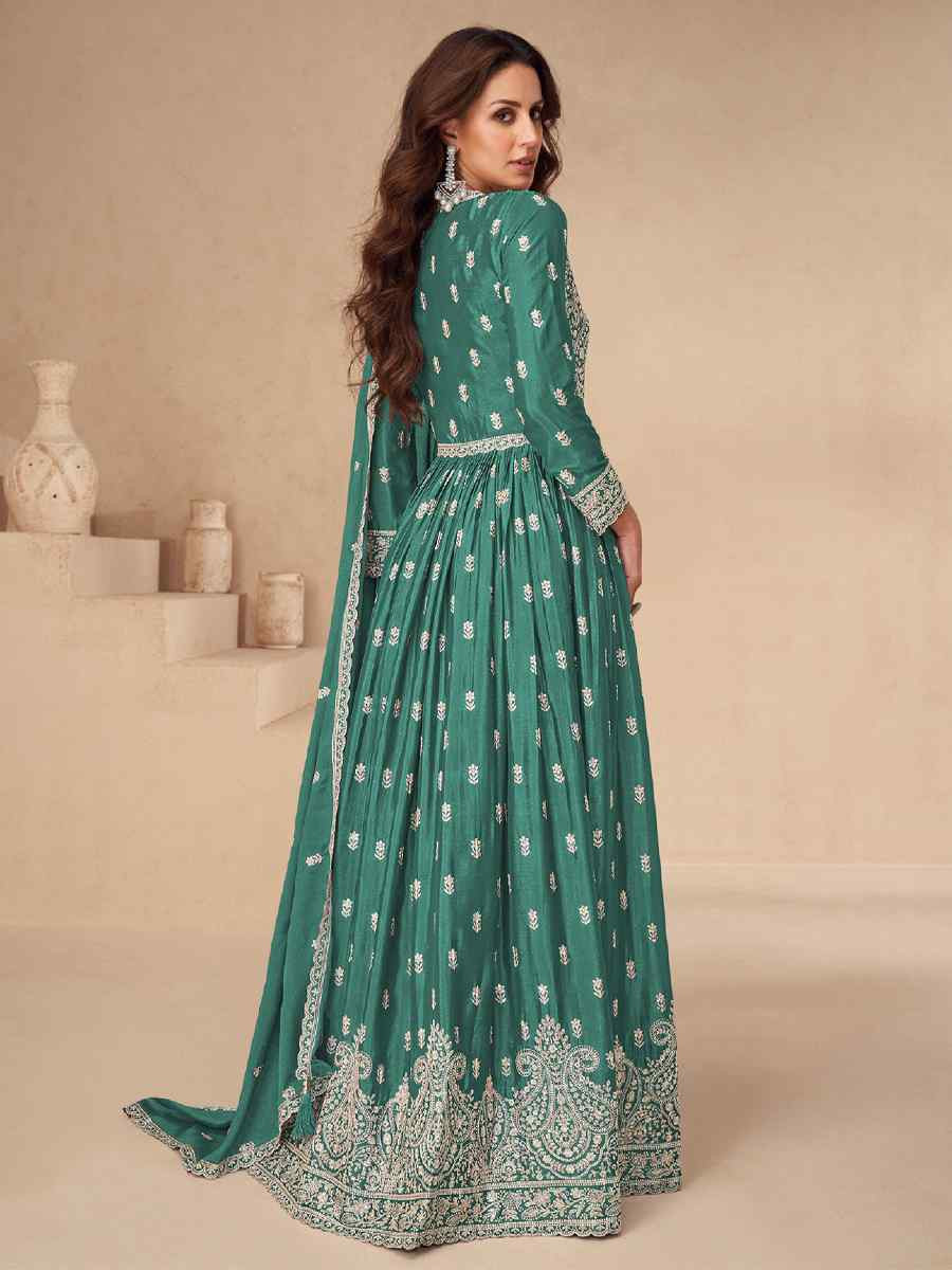 Green Chinon Embroidered Festival Wedding Anarkali Salwar Kameez