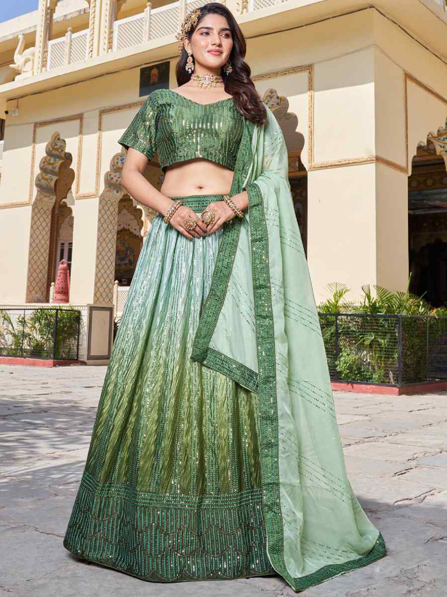 Green Chinon Embroidered Festival Wedding Circular Lehenga Choli