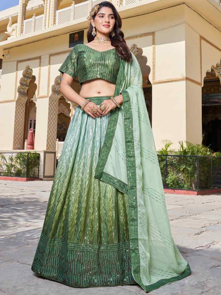 Green Chinon Embroidered Festival Wedding Circular Lehenga Choli