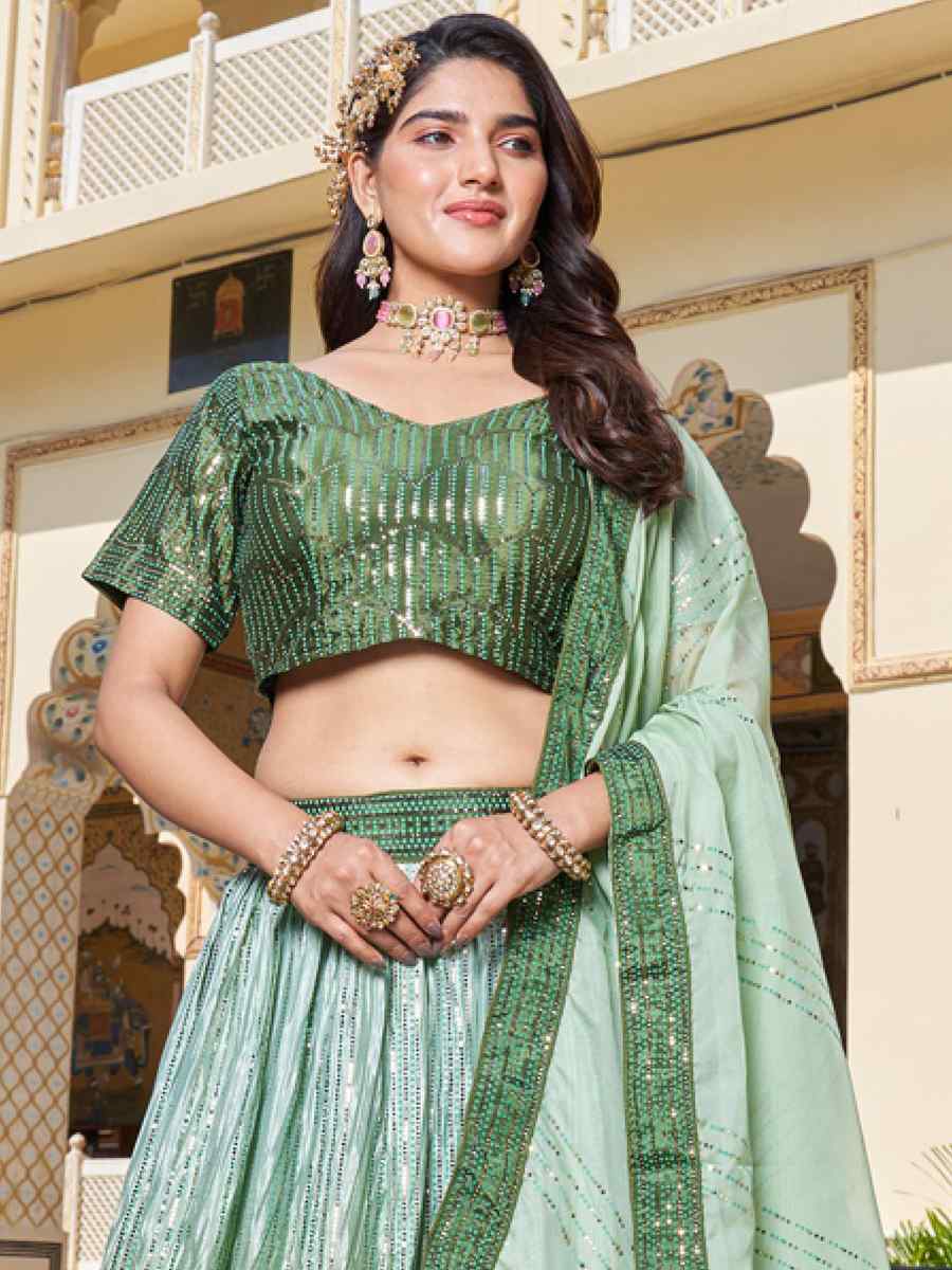 Green Chinon Embroidered Festival Wedding Circular Lehenga Choli