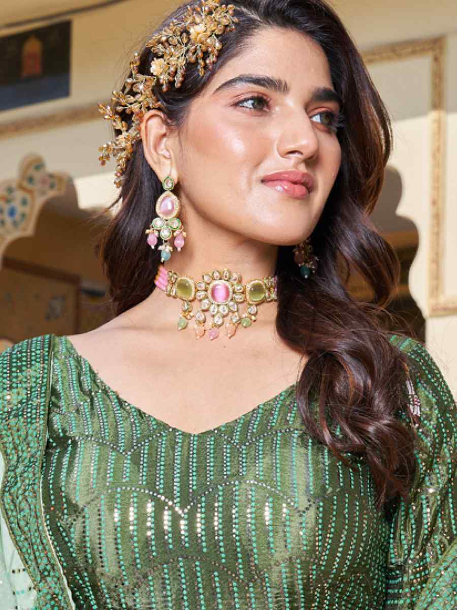 Green Chinon Embroidered Festival Wedding Circular Lehenga Choli