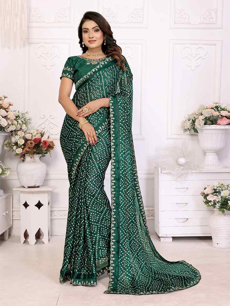 Green Chinon Embroidered Festival Wedding Fancy Heavy Border Saree