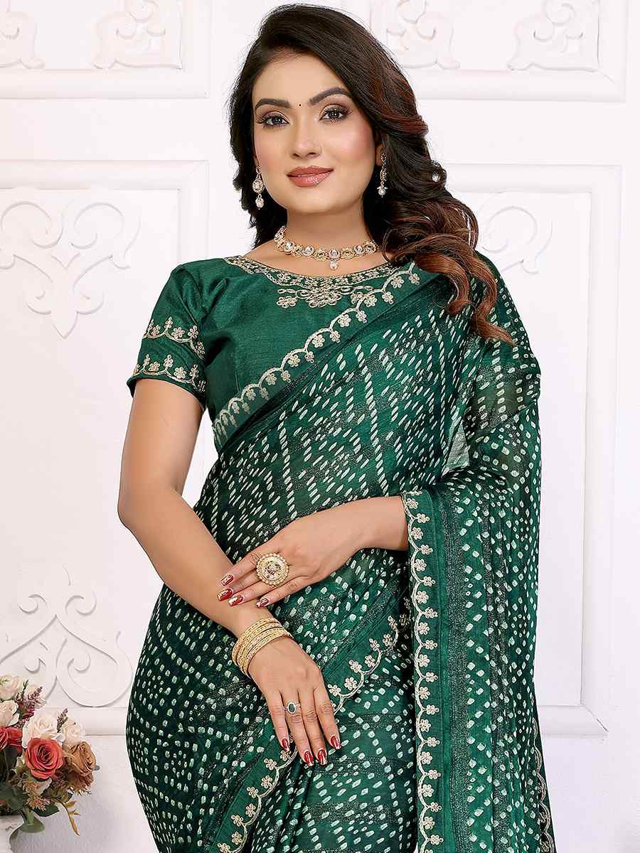 Green Chinon Embroidered Festival Wedding Fancy Heavy Border Saree