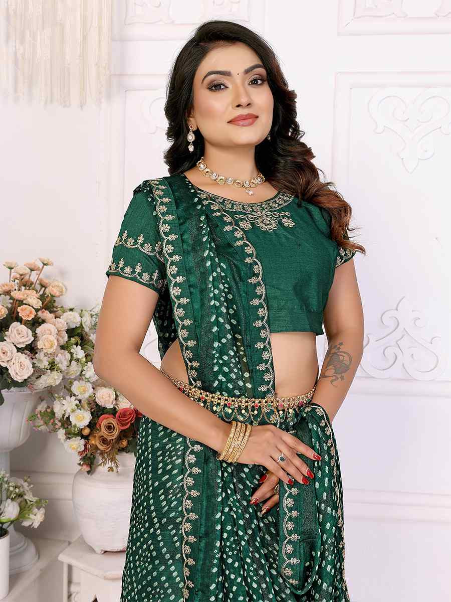Green Chinon Embroidered Festival Wedding Fancy Heavy Border Saree
