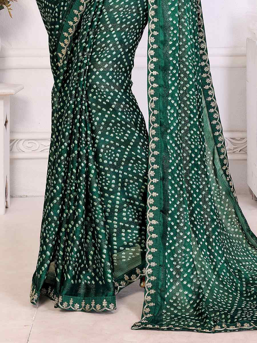 Green Chinon Embroidered Festival Wedding Fancy Heavy Border Saree