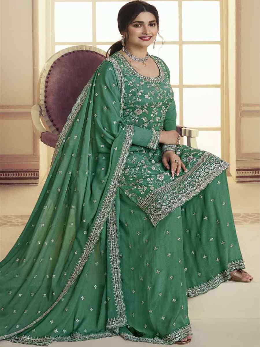 Green Chinon Embroidered Festival Wedding Palazzo Pant Salwar Kameez