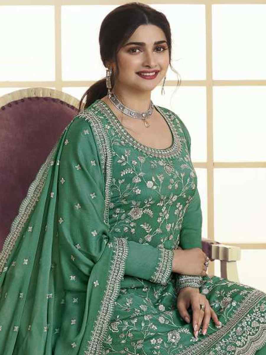Green Chinon Embroidered Festival Wedding Palazzo Pant Salwar Kameez