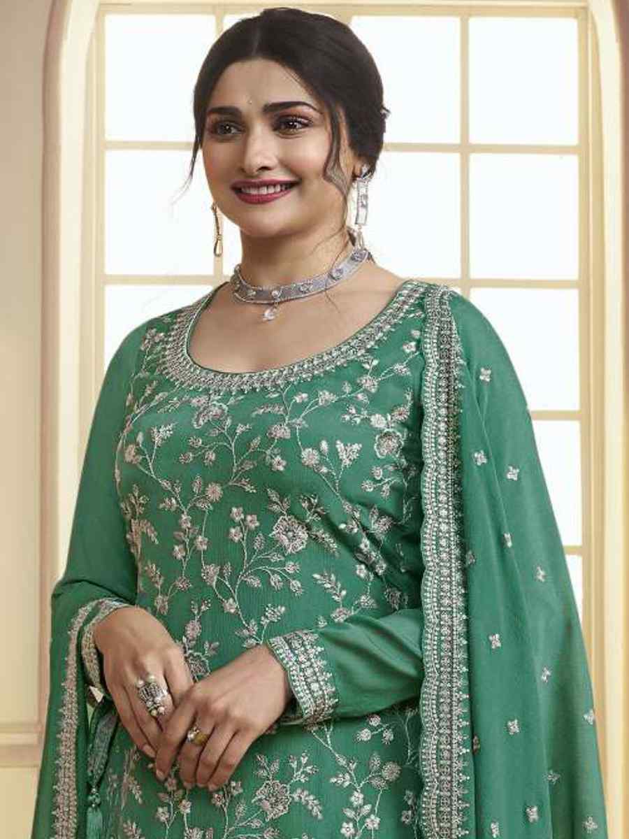 Green Chinon Embroidered Festival Wedding Palazzo Pant Salwar Kameez