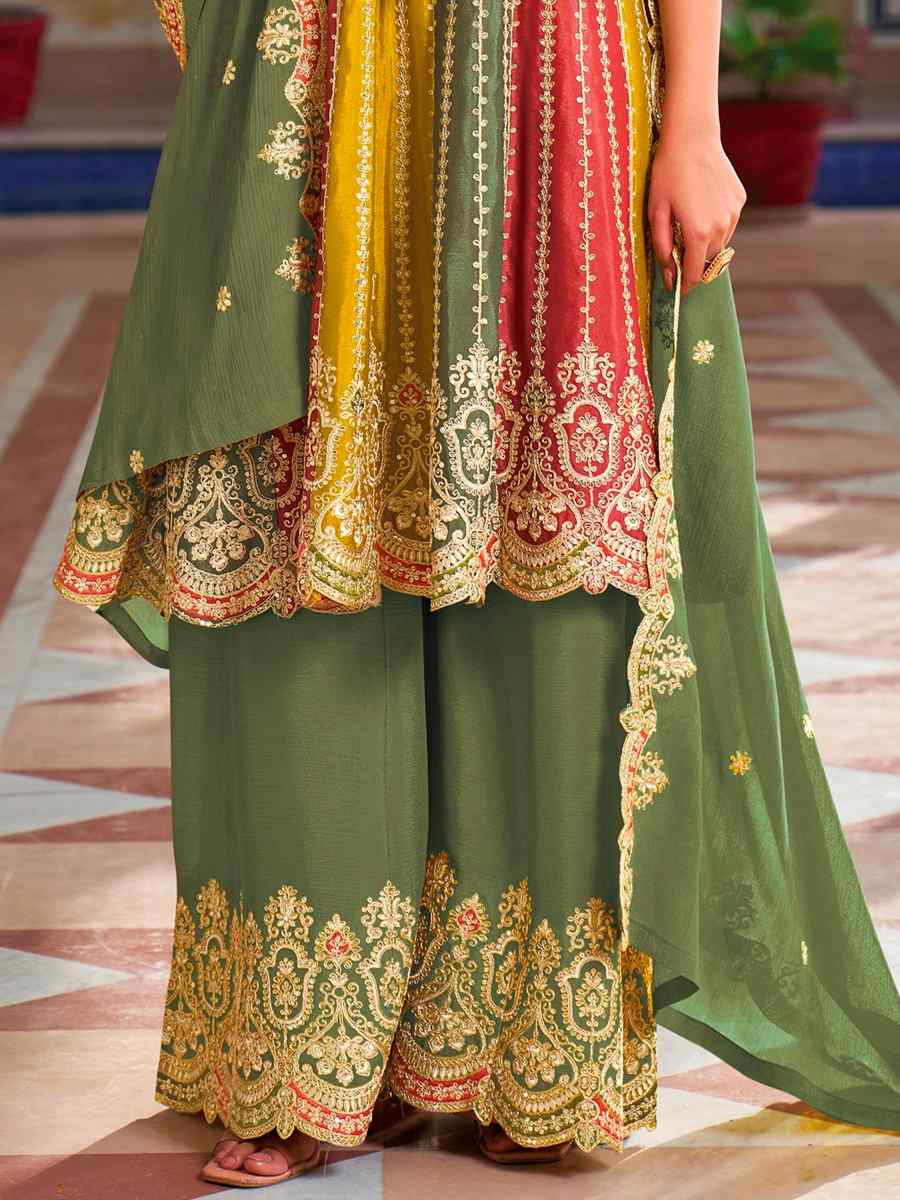Green Chinon Embroidered Festival Wedding Sharara Pant Salwar Kameez