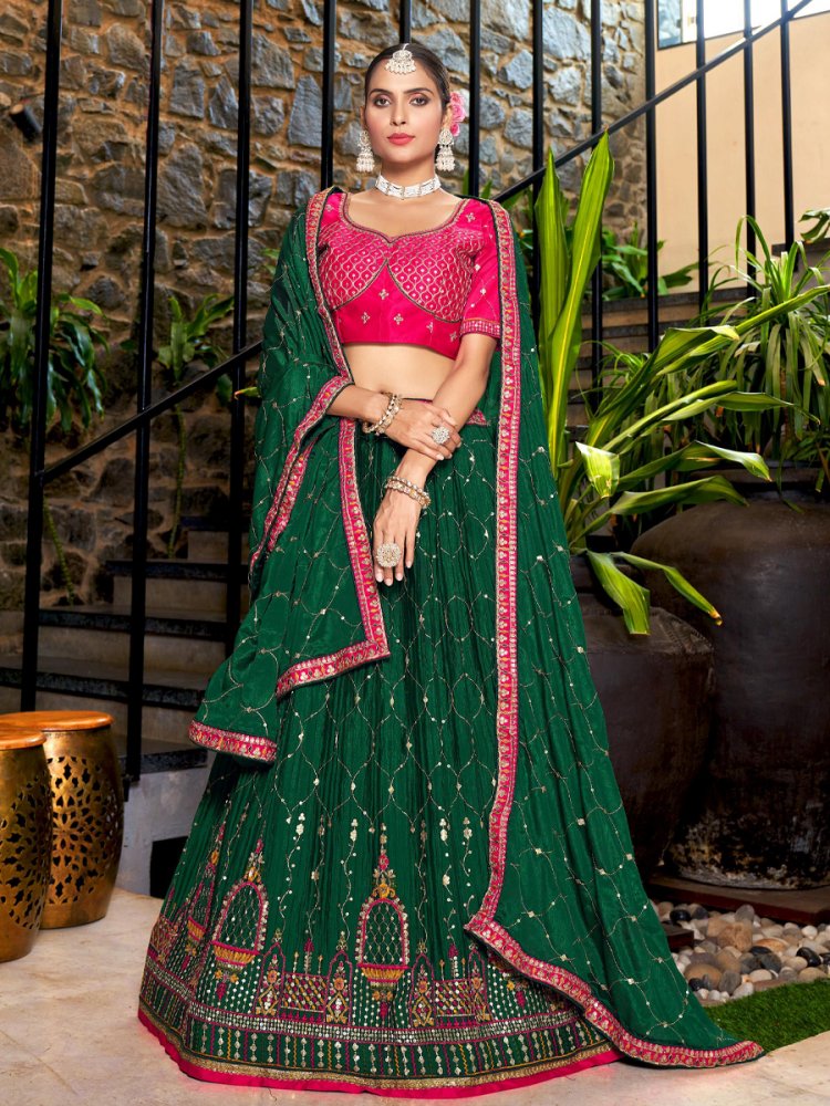 Green Chinon Embroidered Festival Wedding Traditional Lehenga Choli