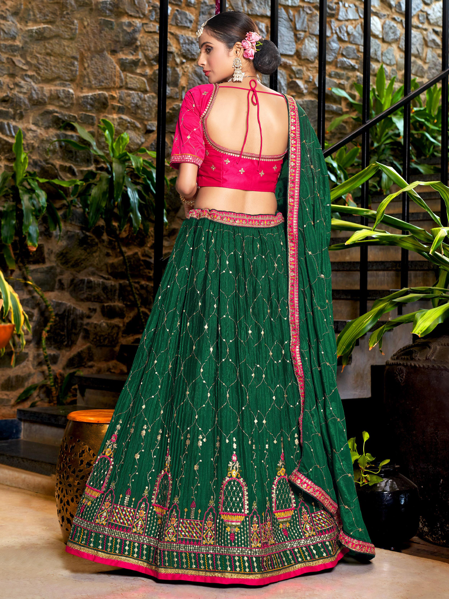 Green Chinon Embroidered Festival Wedding Traditional Lehenga Choli