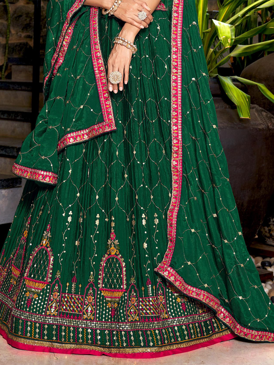 Green Chinon Embroidered Festival Wedding Traditional Lehenga Choli