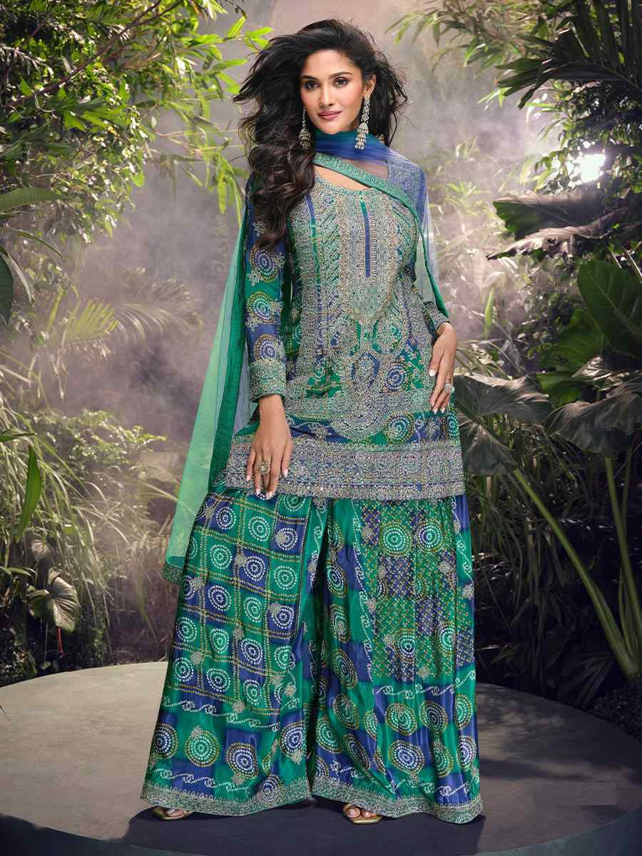 Green Chinon Embroidered Mehendi Wedding Ready Palazzo Pant Salwar Kameez