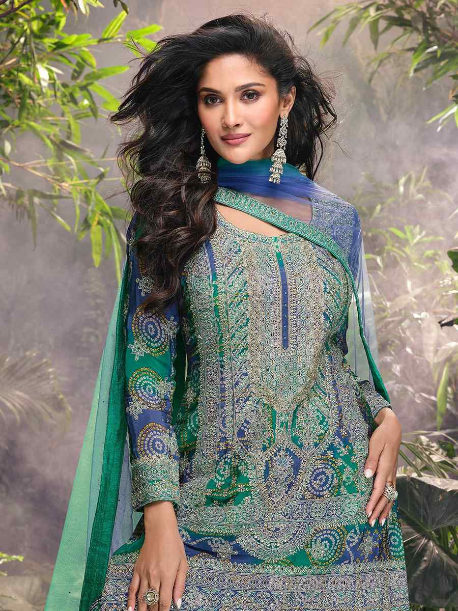 Green Chinon Embroidered Mehendi Wedding Ready Palazzo Pant Salwar Kameez