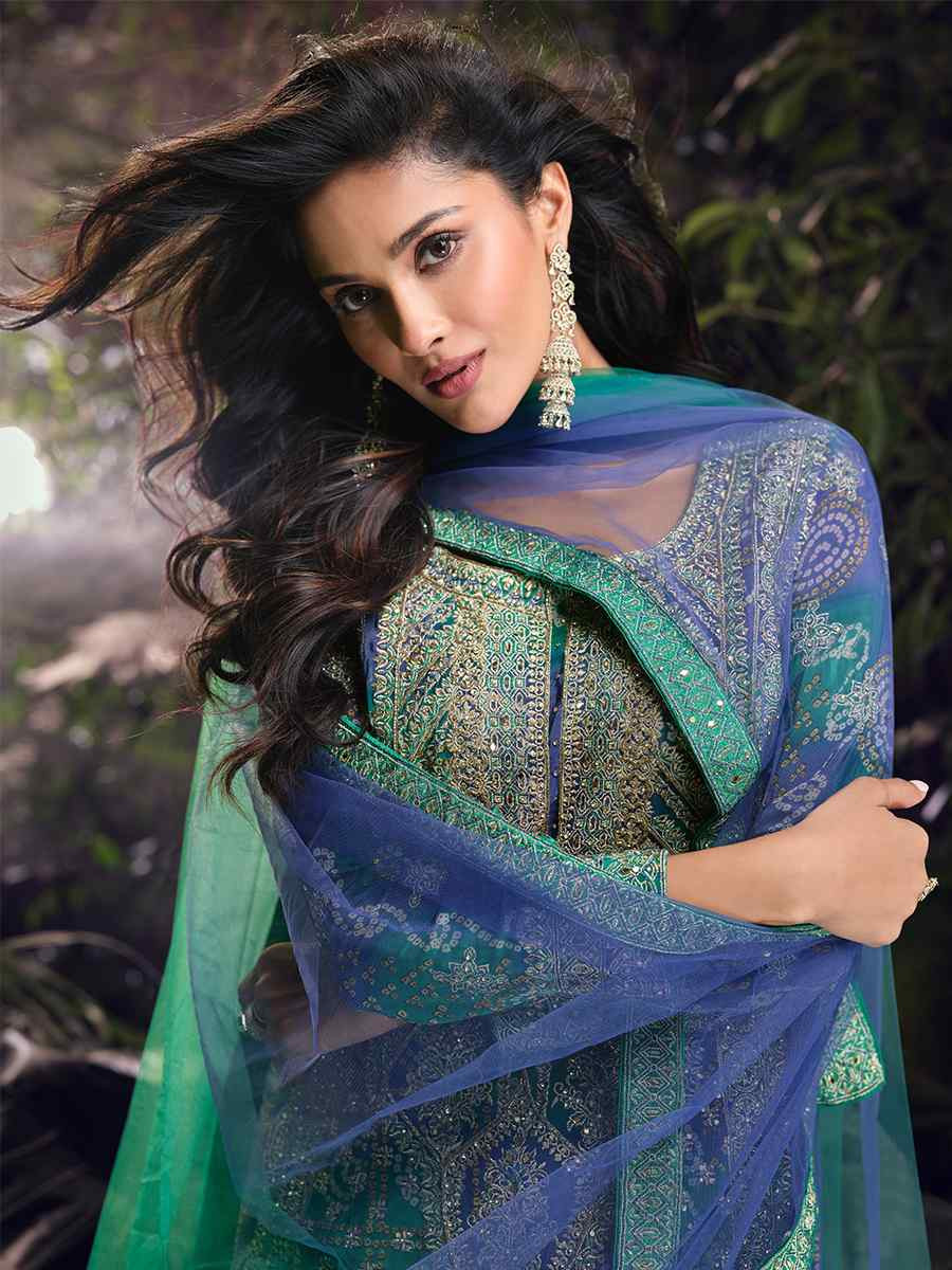 Green Chinon Embroidered Mehendi Wedding Ready Palazzo Pant Salwar Kameez