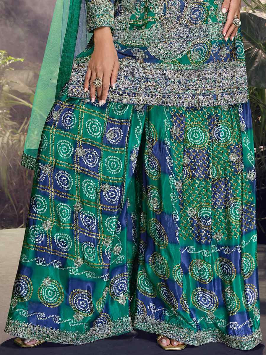 Green Chinon Embroidered Mehendi Wedding Ready Palazzo Pant Salwar Kameez
