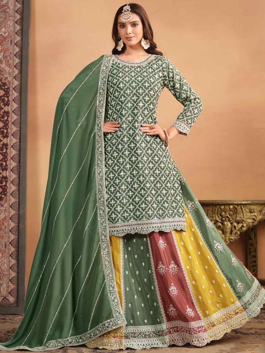 Green Chinon Embroidered Reception Wedding Kurti Lehenga Choli