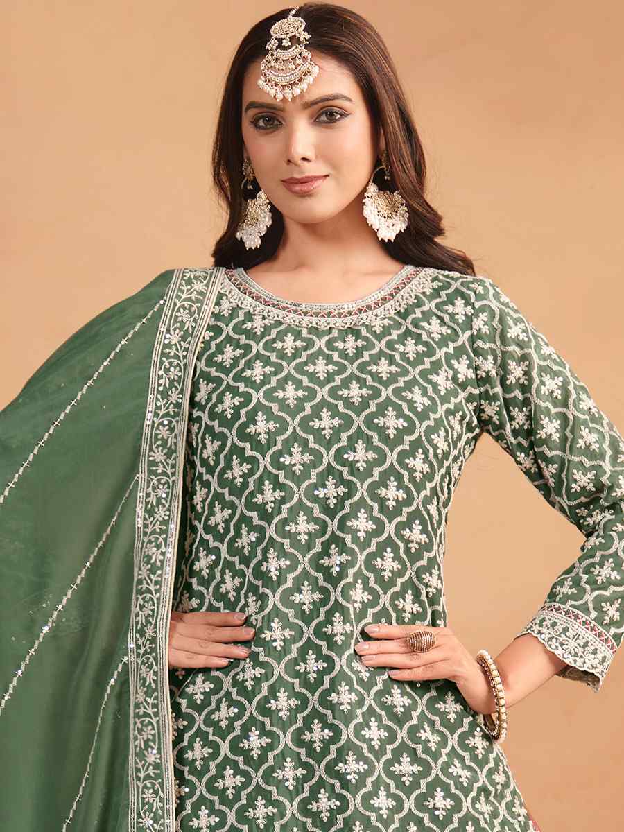 Green Chinon Embroidered Reception Wedding Kurti Lehenga Choli