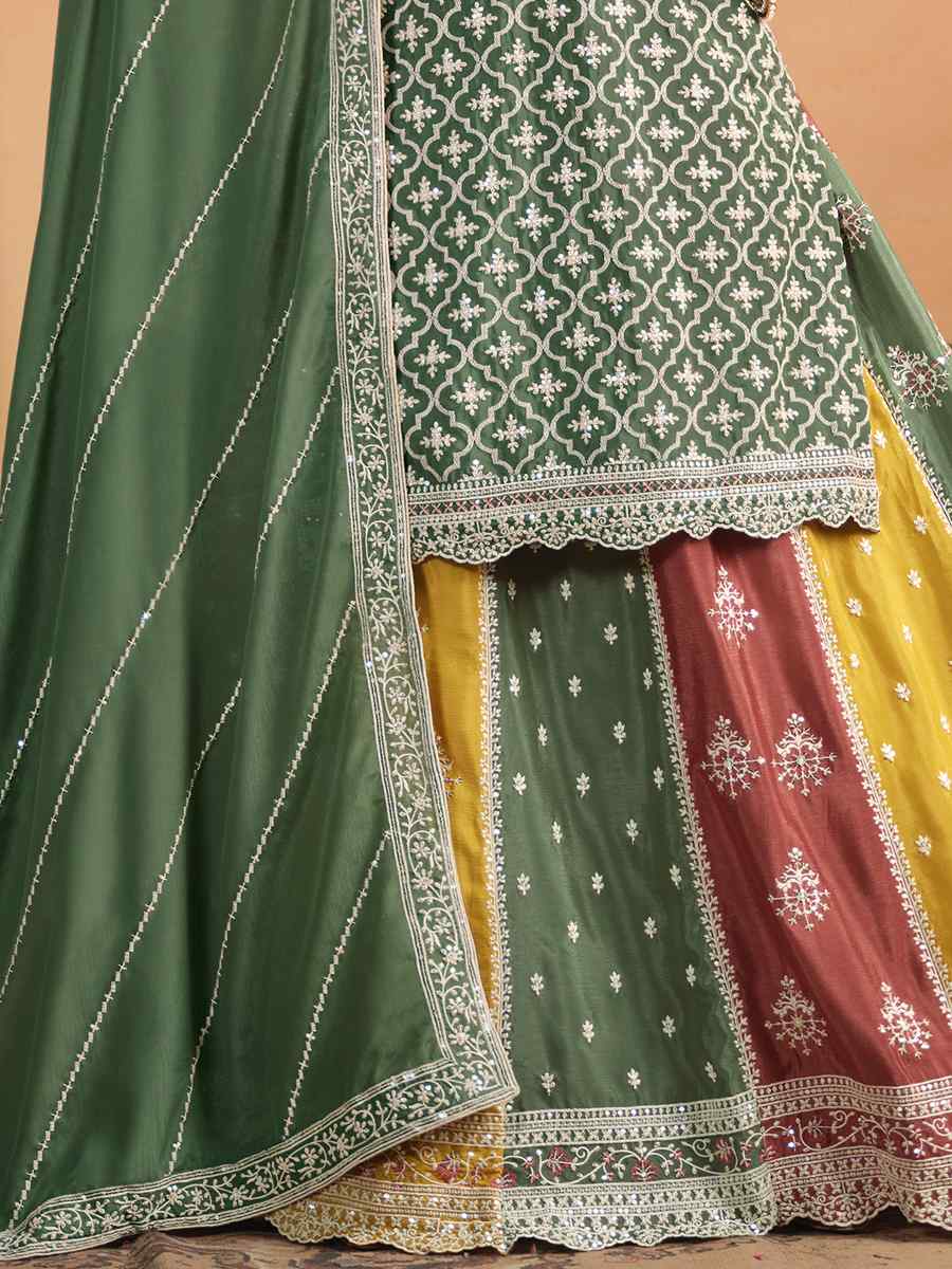 Green Chinon Embroidered Reception Wedding Kurti Lehenga Choli