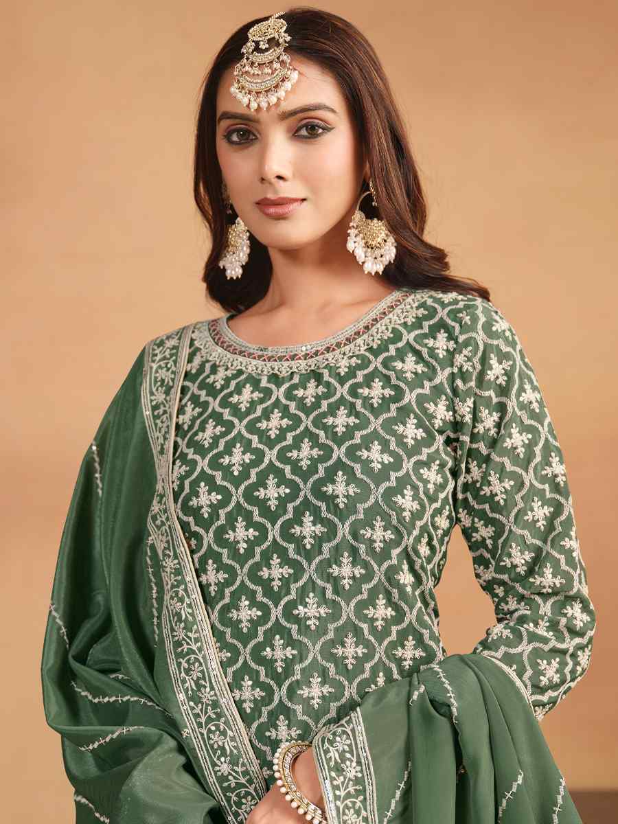 Green Chinon Embroidered Reception Wedding Kurti Lehenga Choli