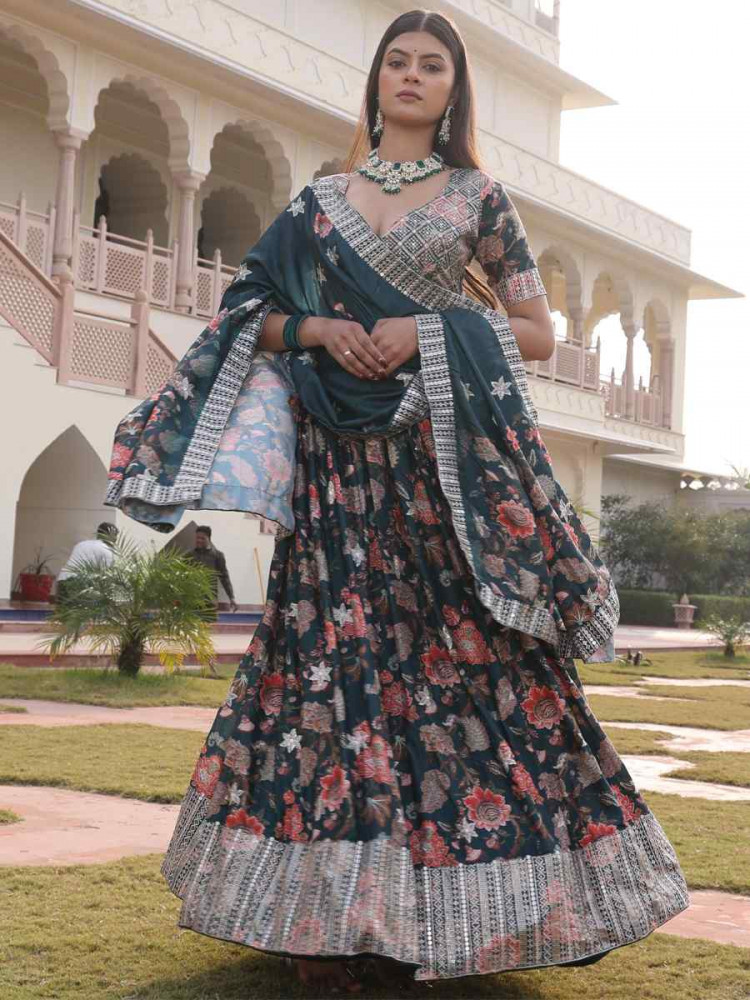 Image of Green Chinon Embroidered Wedding Reception Festival Heavy Border Lehenga Choli