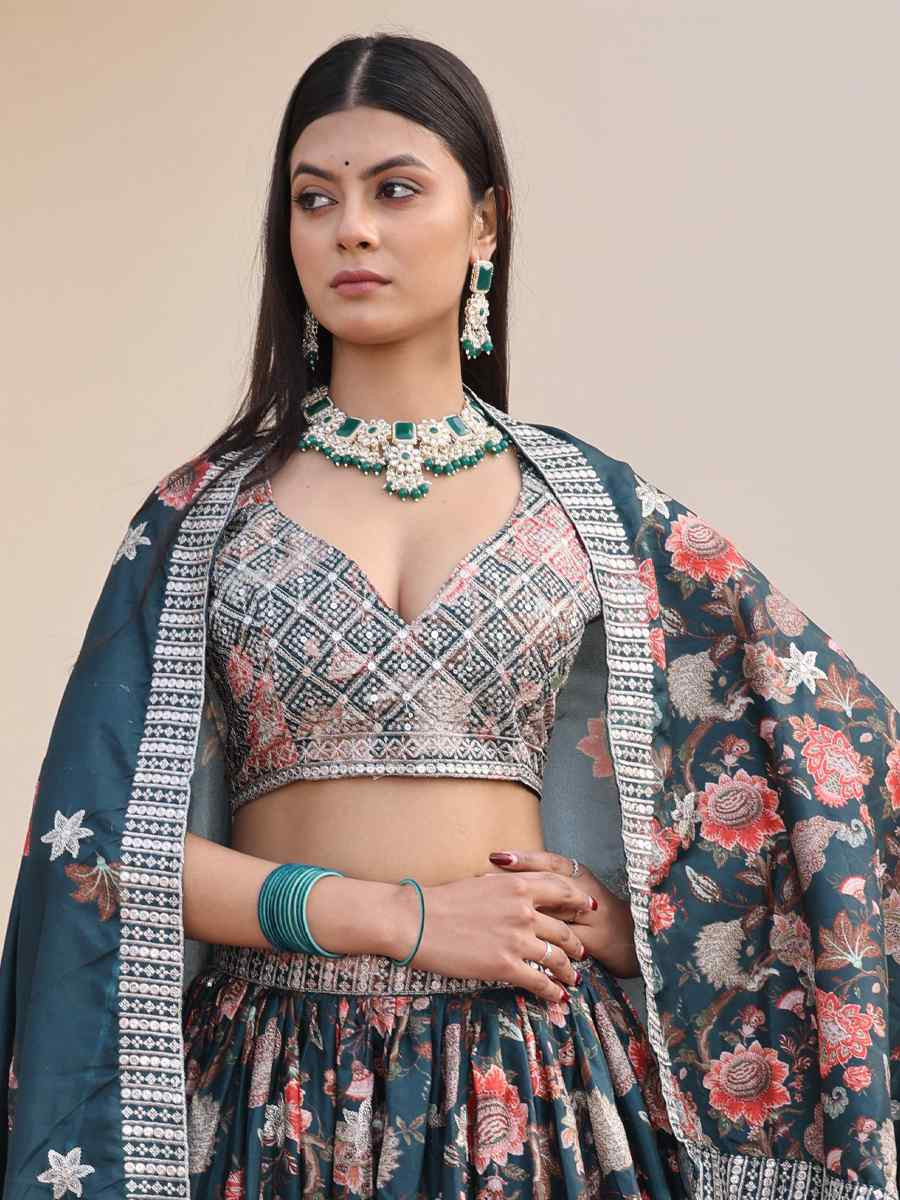 Green Chinon Embroidered Wedding Reception Festival Heavy Border Lehenga Choli