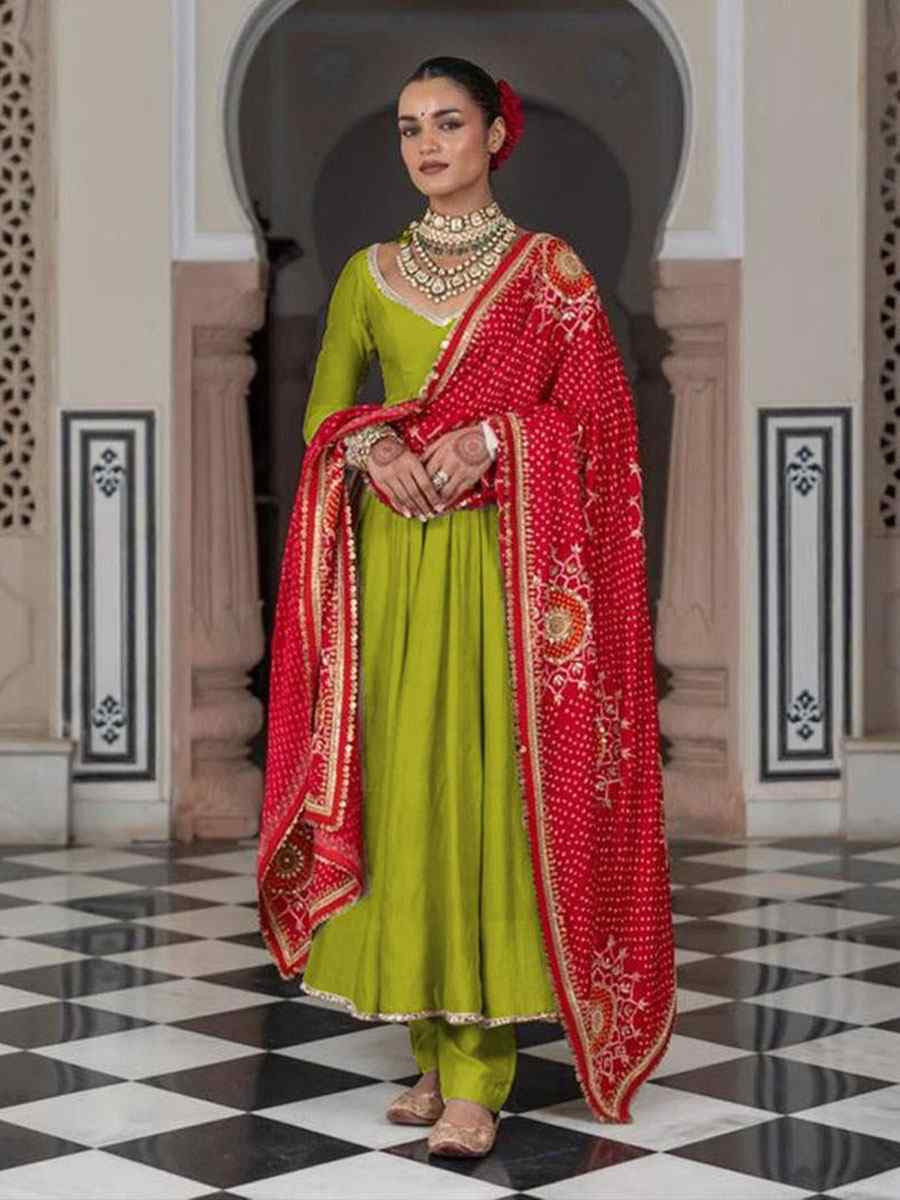 Green Chinon Embroidery Party Wedding Festival Casual Ready Anarkali Salwar Kameez