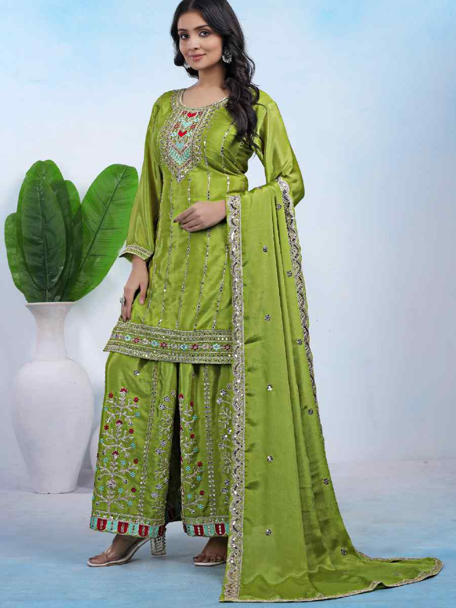 Green Chinon Embroidery Party Wedding Festival Casual Ready Palazzo Pant Salwar Kameez