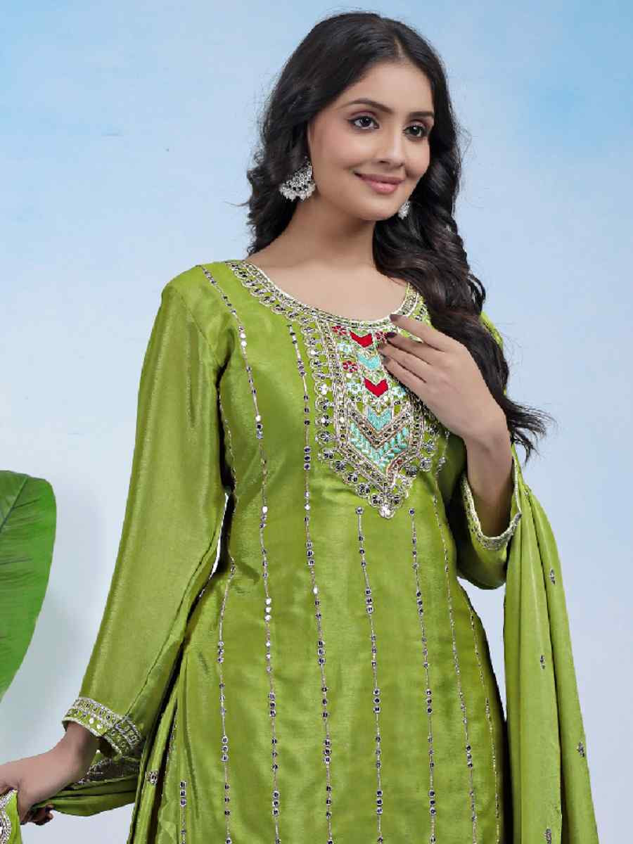 Green Chinon Embroidery Party Wedding Festival Casual Ready Palazzo Pant Salwar Kameez