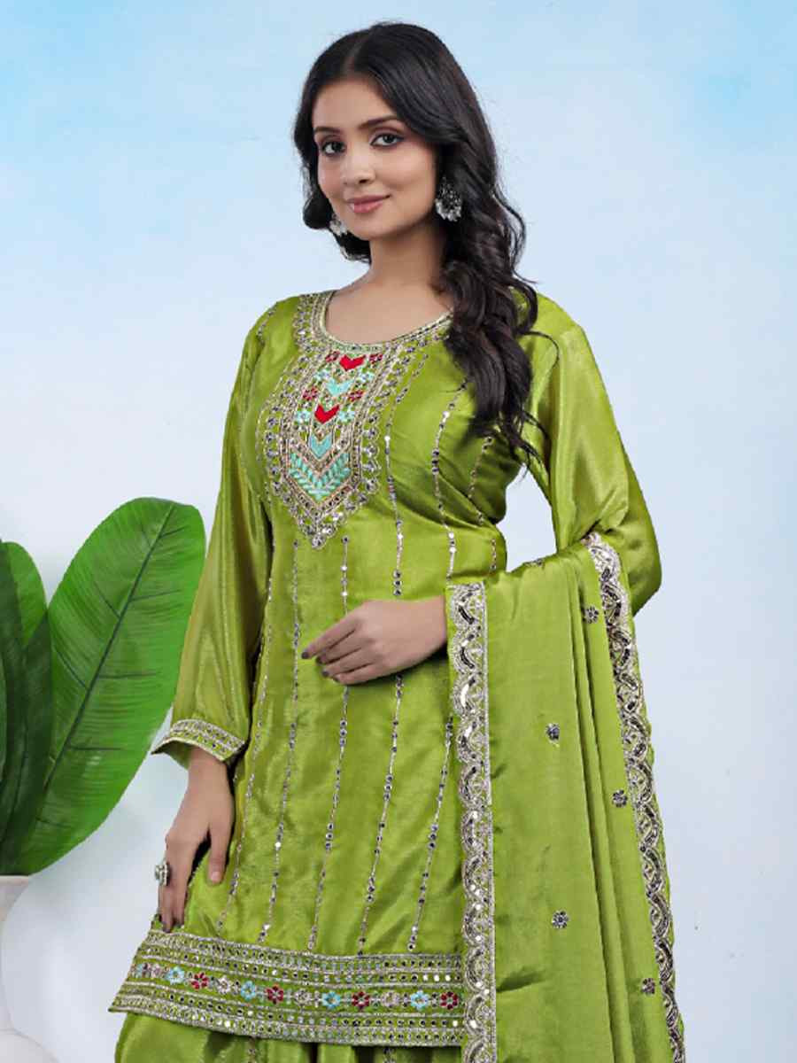 Green Chinon Embroidery Party Wedding Festival Casual Ready Palazzo Pant Salwar Kameez