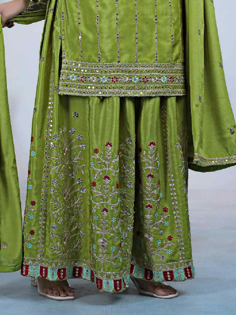Green Chinon Embroidery Party Wedding Festival Casual Ready Palazzo Pant Salwar Kameez